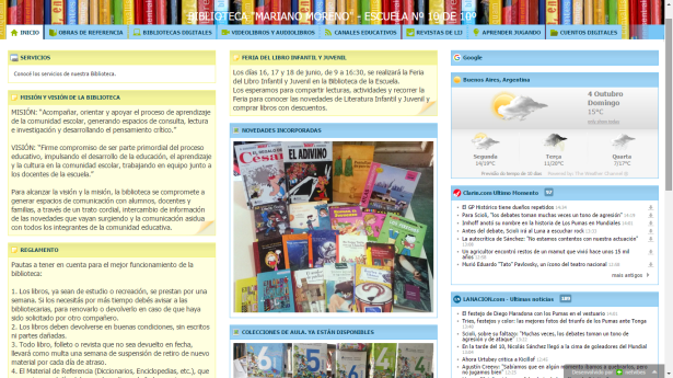 Captura de tela da interface de usuário do Netvibes aplicado a Biblioteca Escolar em Buenos Aires