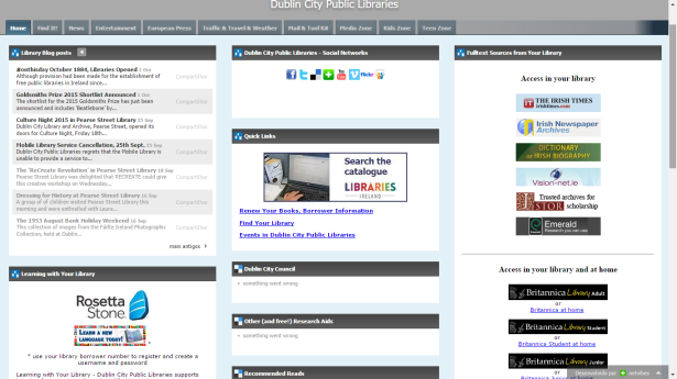 Captura de tela do Netvibes aplicado na Rede de Bibliotecas Públicas de Dublin